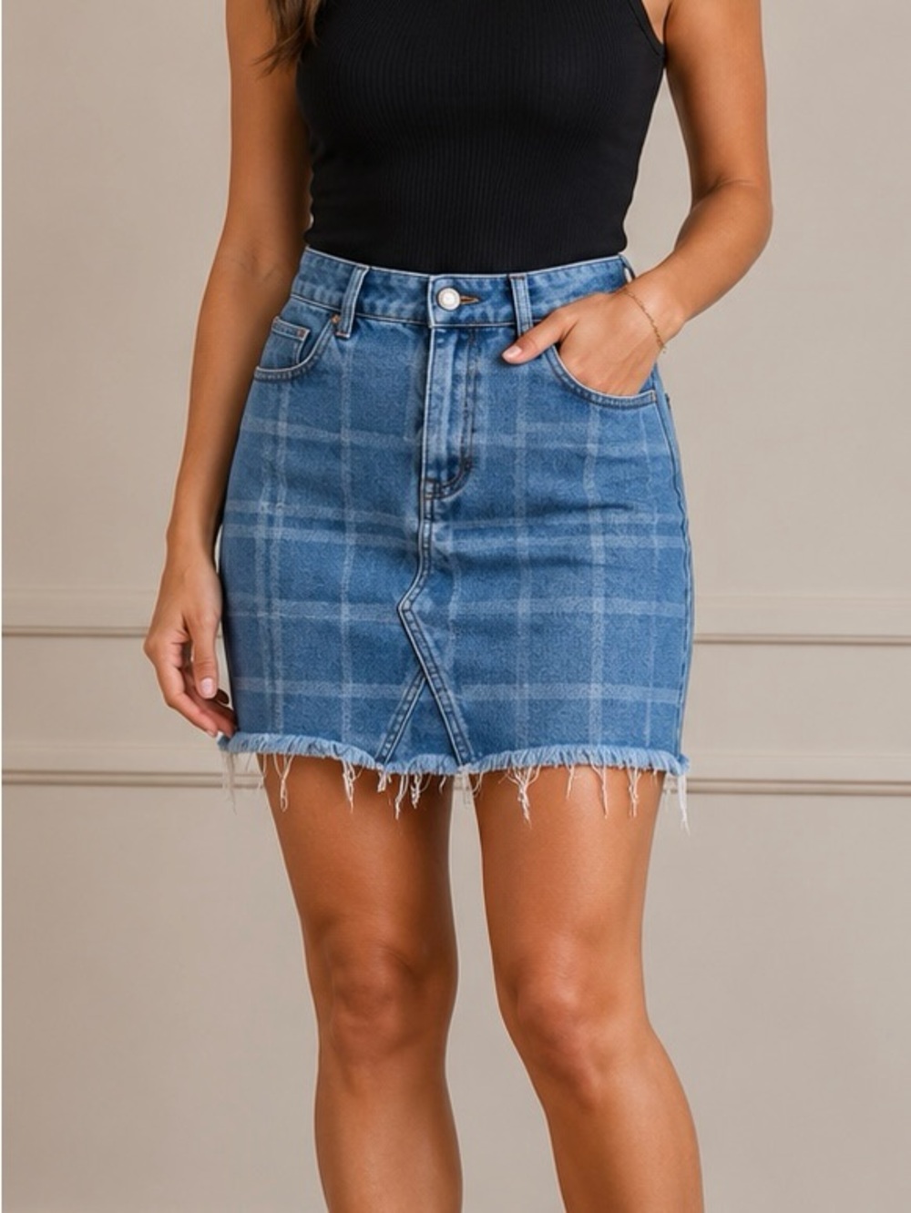 PacSun Blue Plaid Denim Mini Skirt with Frayed Hemline